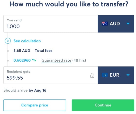 TransferWise money transfer screen