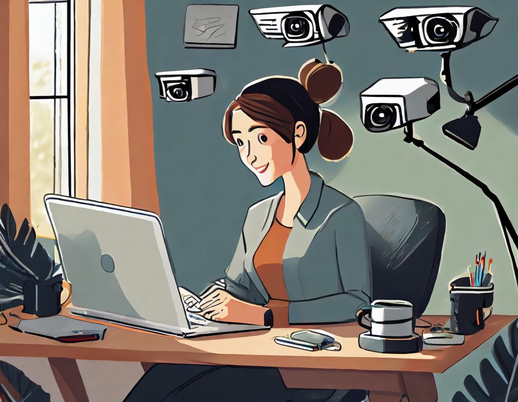 employee working from home and multiple cameras on the desk watching her